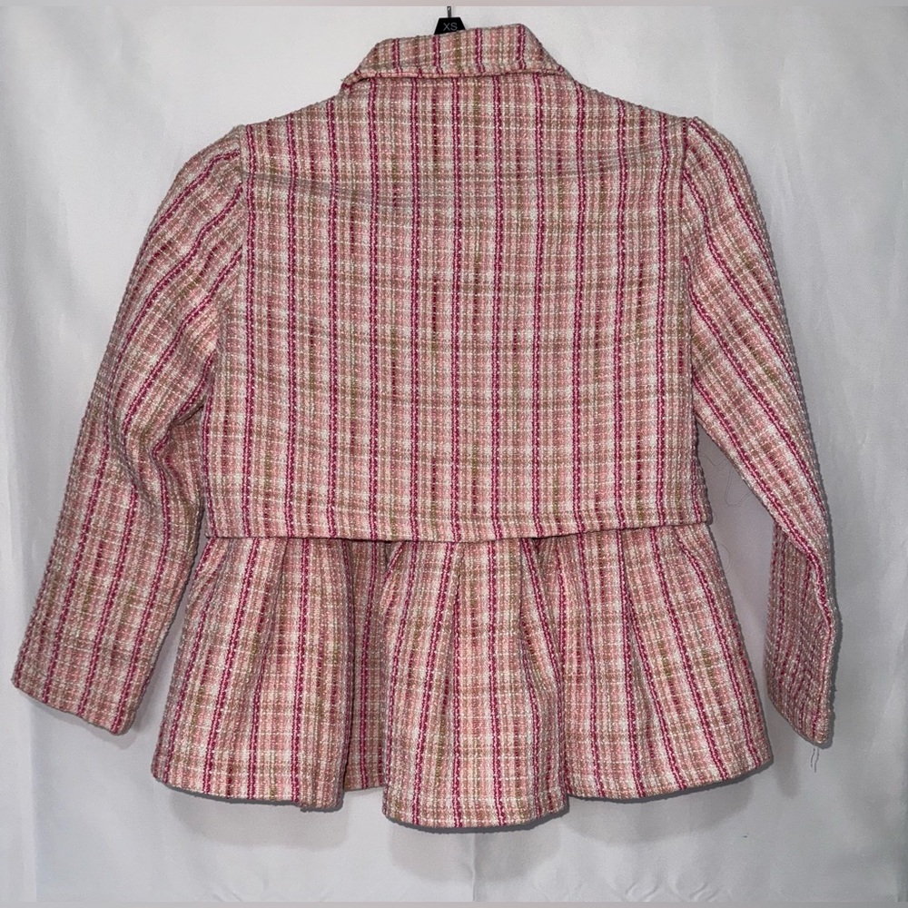 SHEIN Pink and White Plaid Print Tweed Crop Jacket Blazer Skirt . - Picture 3 of 13